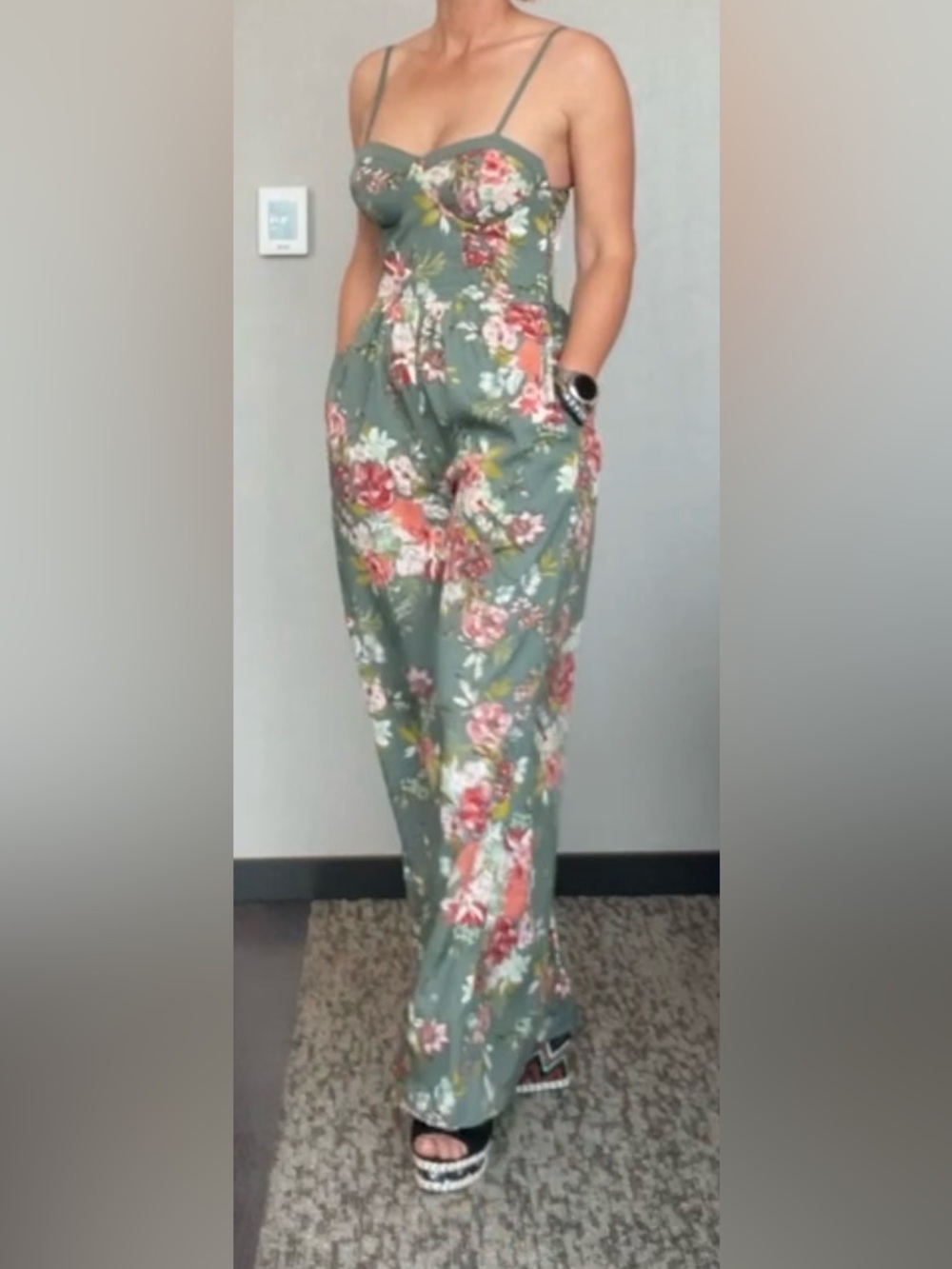 Olive Green Floral Wide-Leg Jumpsuit